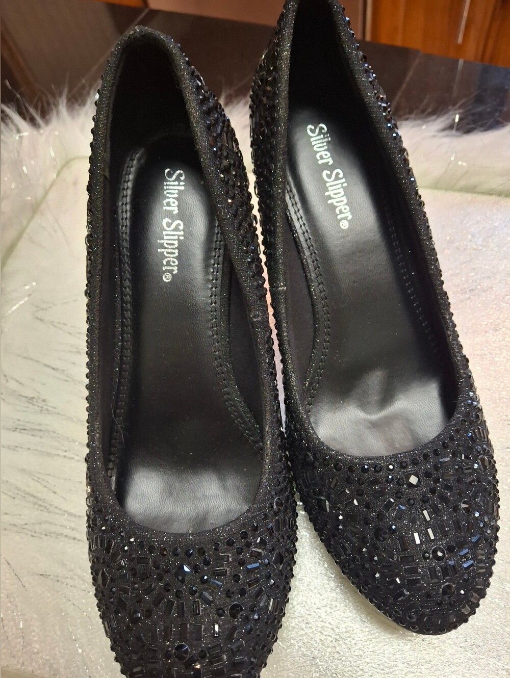 Silver Slipper Black Embellished Rhinestone Pumps Dress Heels Women Size 6 - Picture 3 of 16